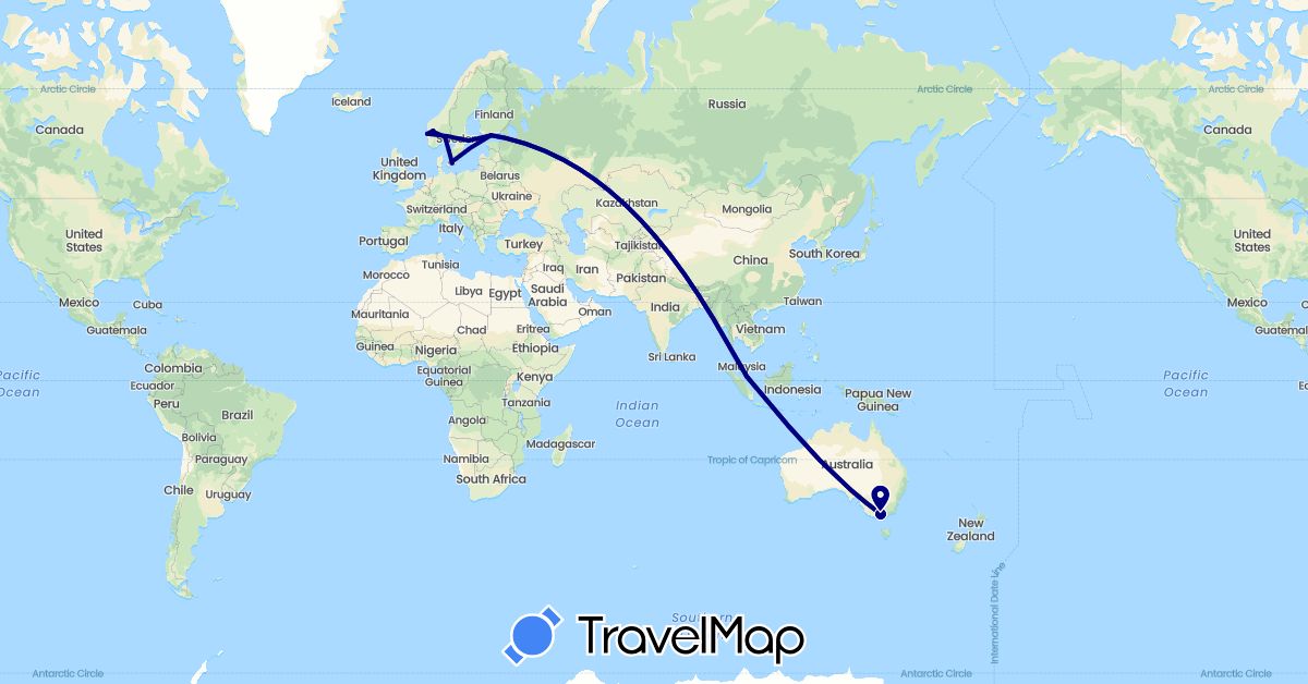 TravelMap itinerary: driving, train in Australia, Denmark, Finland, Norway, Sweden, Singapore (Asia, Europe, Oceania)